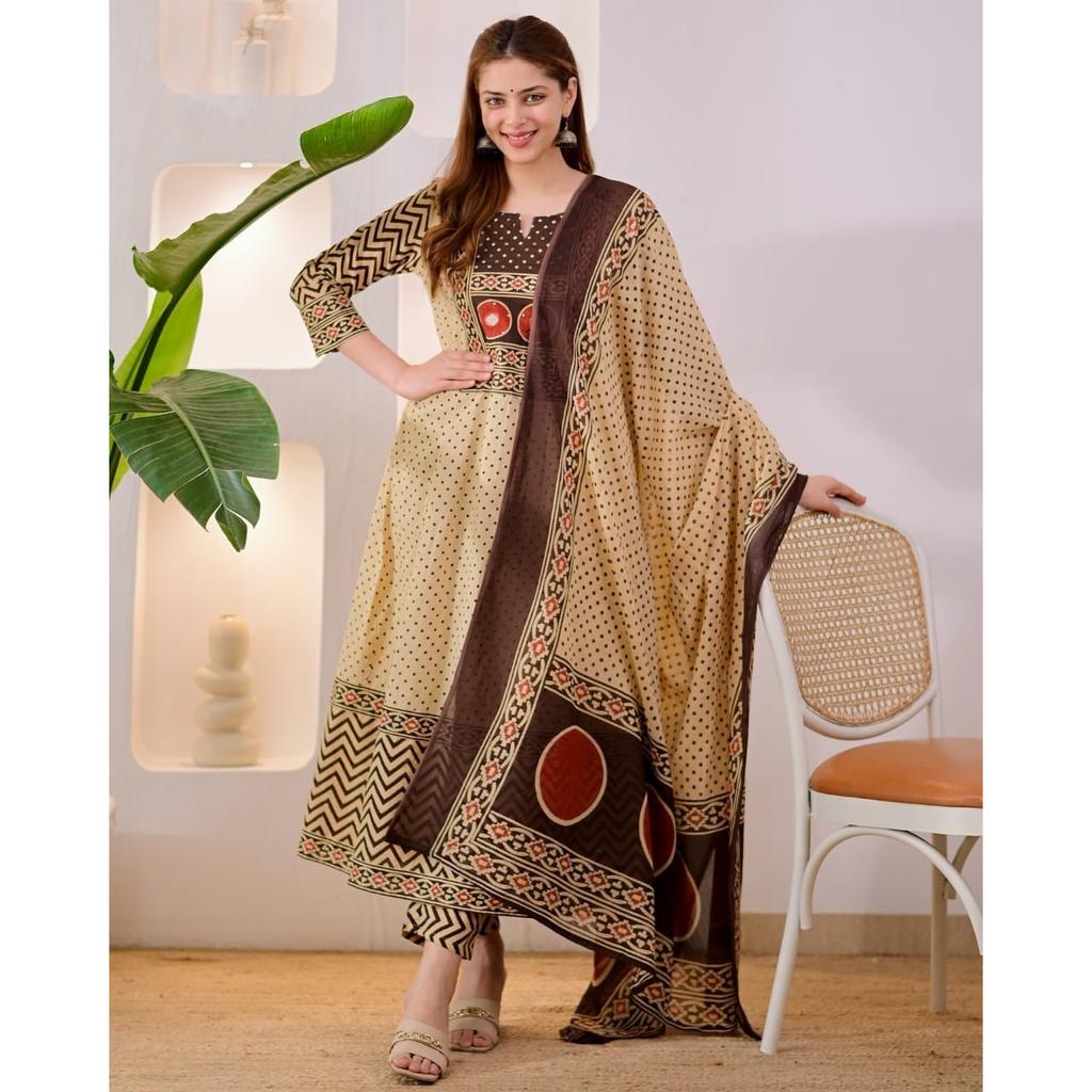 Beautiful Cotton Anarkali Kurti Pant Dupatta Set Indian Designer Top Kurta Set