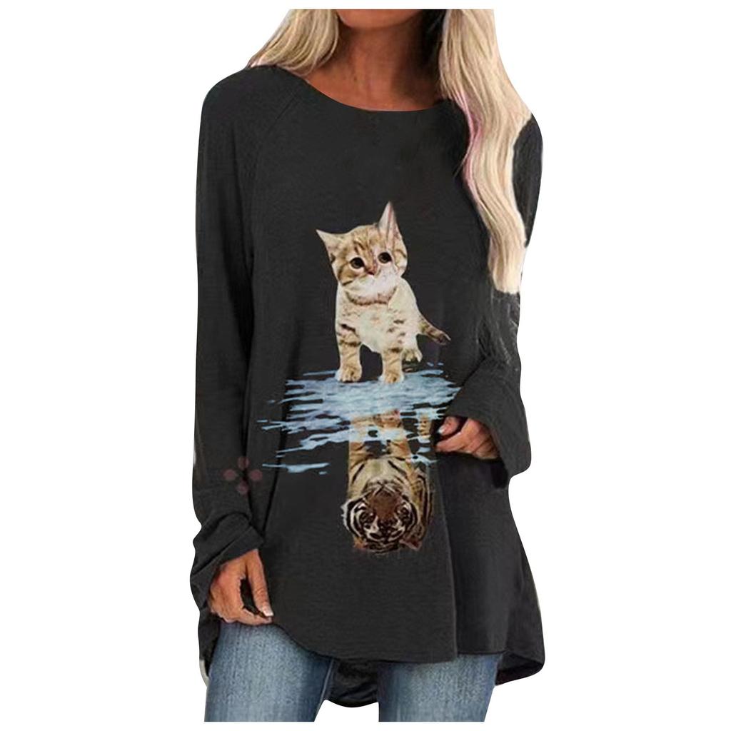 Fashion Women's  Printed Long Sleeve Round-Neck T-Shirt Long Style Tops