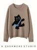 Korean Style Women's Cashmere Sweater - Cute Cat Jacquard, Round Neck Knitwear for Autumn/Winter