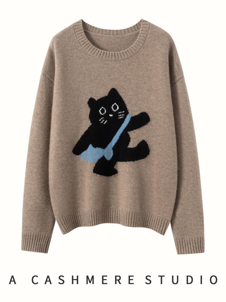Korean Style Women's Cashmere Sweater - Cute Cat Jacquard, Round Neck Knitwear for Autumn/Winter