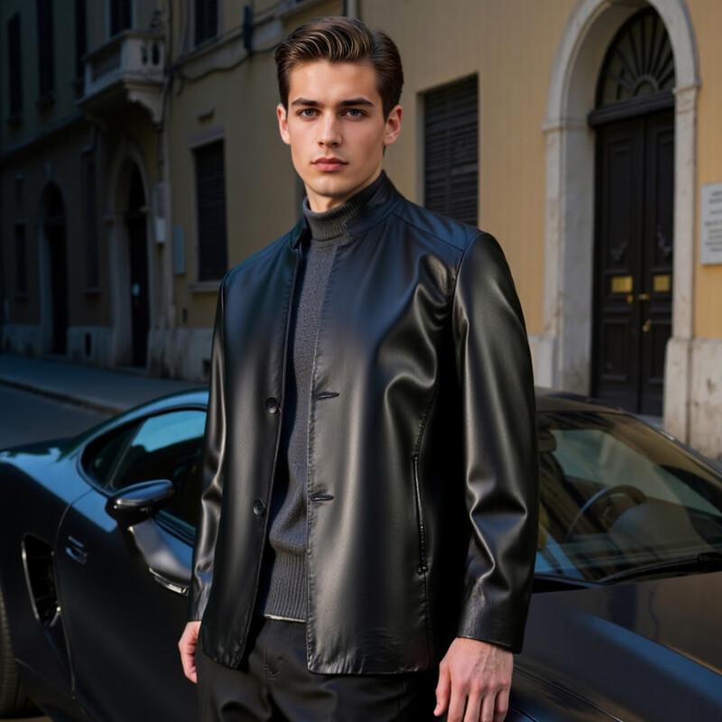 Men's Genuine Sheepskin Stand-Collar Leather Jacket