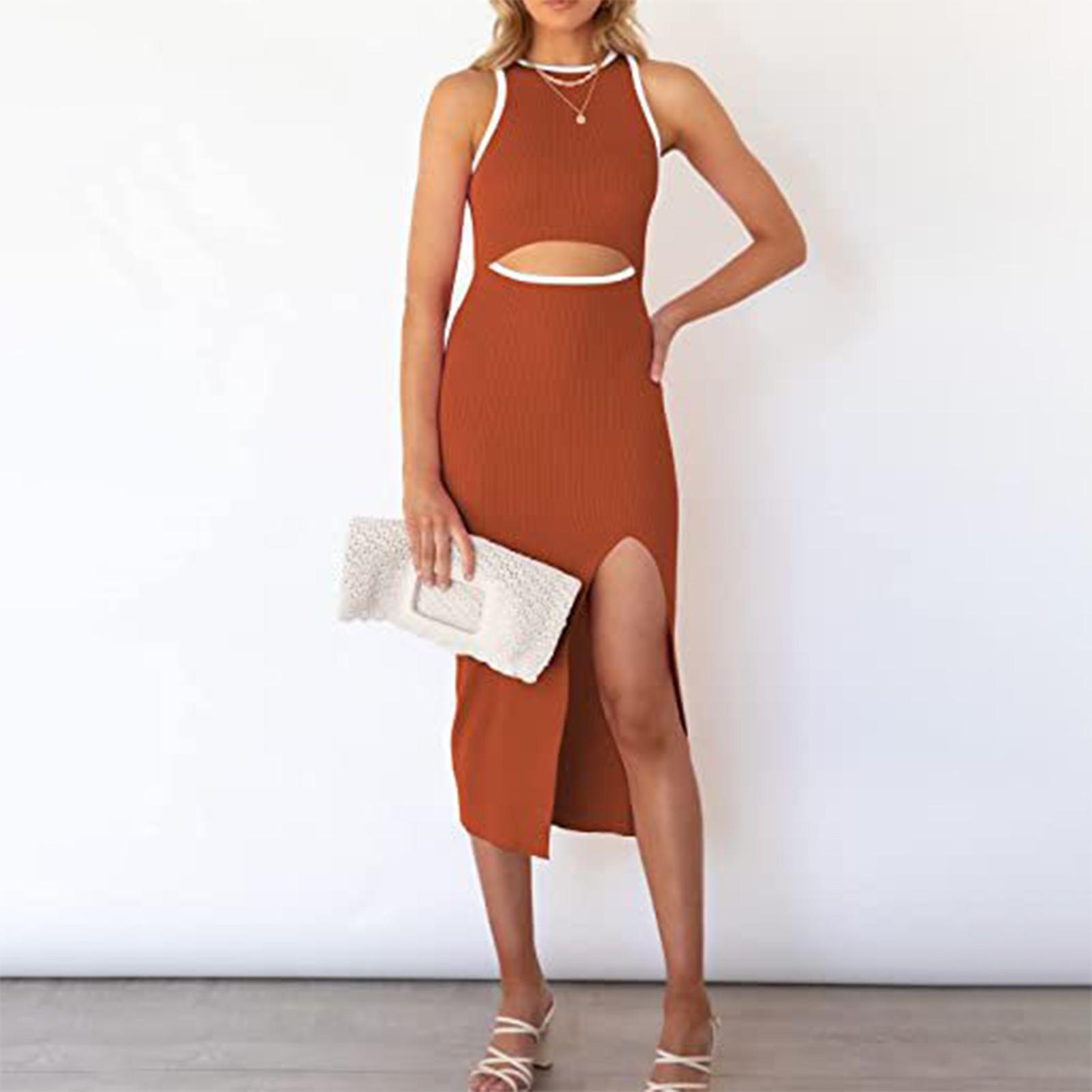 

Женское ажурное платье средней длины с жилетом без рукавов с круглым вырезом и облегающим платьем с разрезом XXL шафрановый