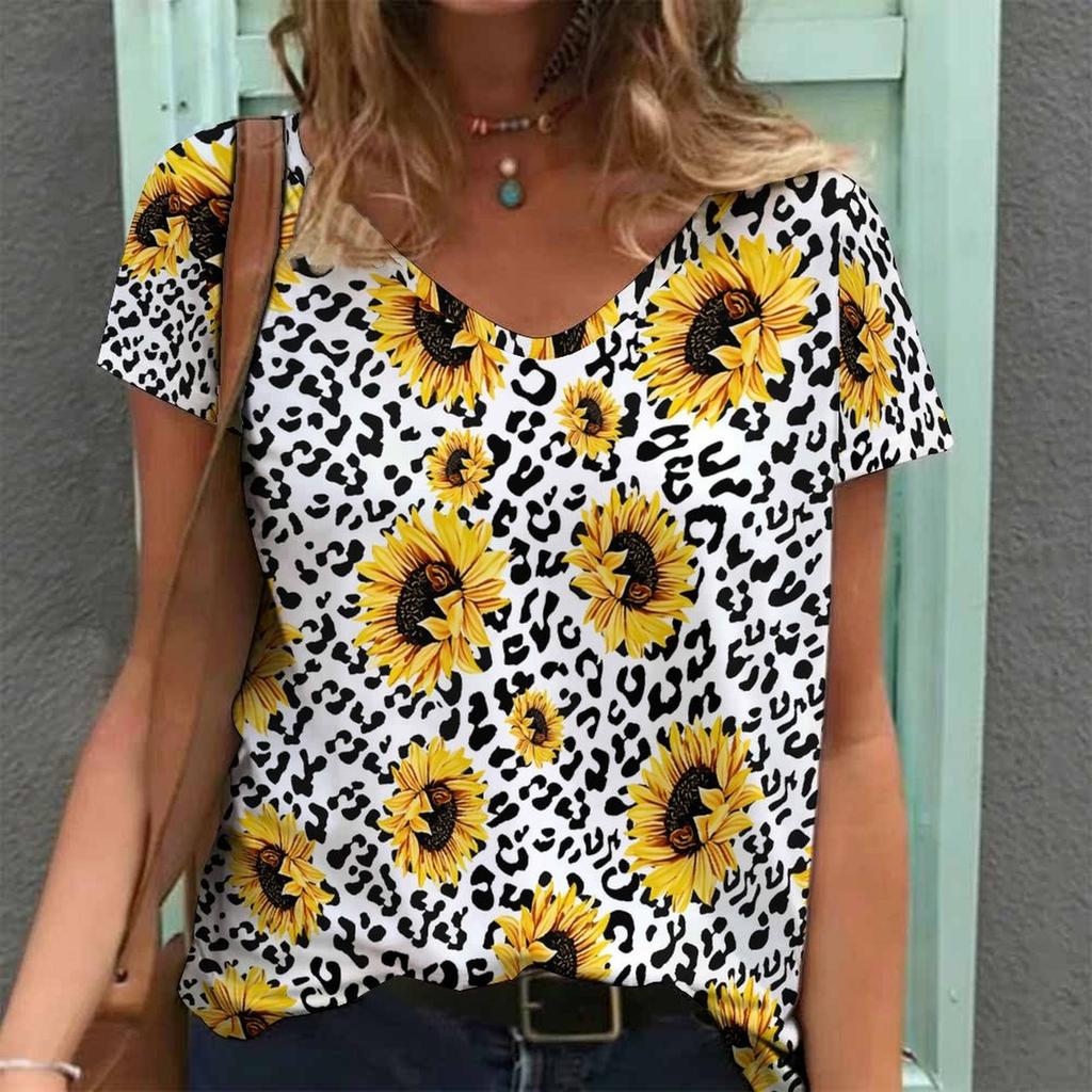 Women Print V Neck Short Sleeve Casual Loose Tunic Tops