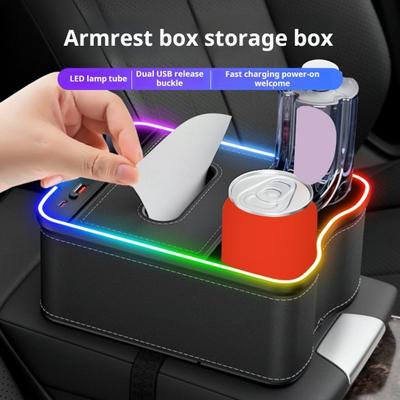 Aufbewahrungsbox für die Armlehne des Autos mit Ladeanschlüssen, Design mit multifunktionalen LED-Leuchten, große Kapazität, Organizer für die Autokonsole, Taschentuchbox, Aufbewahrungskoffer