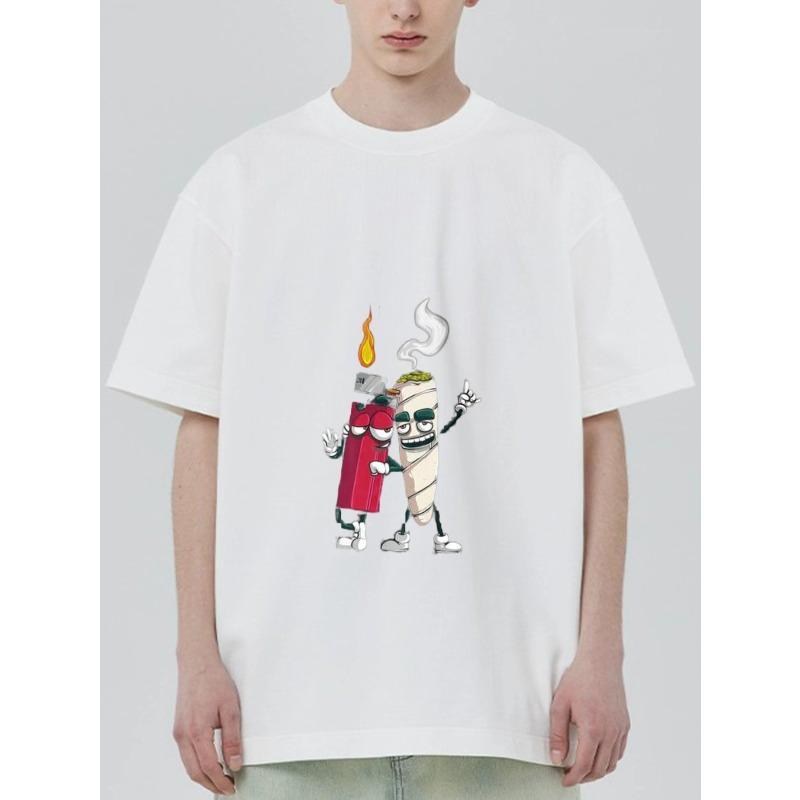 Crew Neck T Shirt Black Lighter and Joint Cartoon Print Casual Wear for Men and Women Streetwear Fashion Summer Outfit
