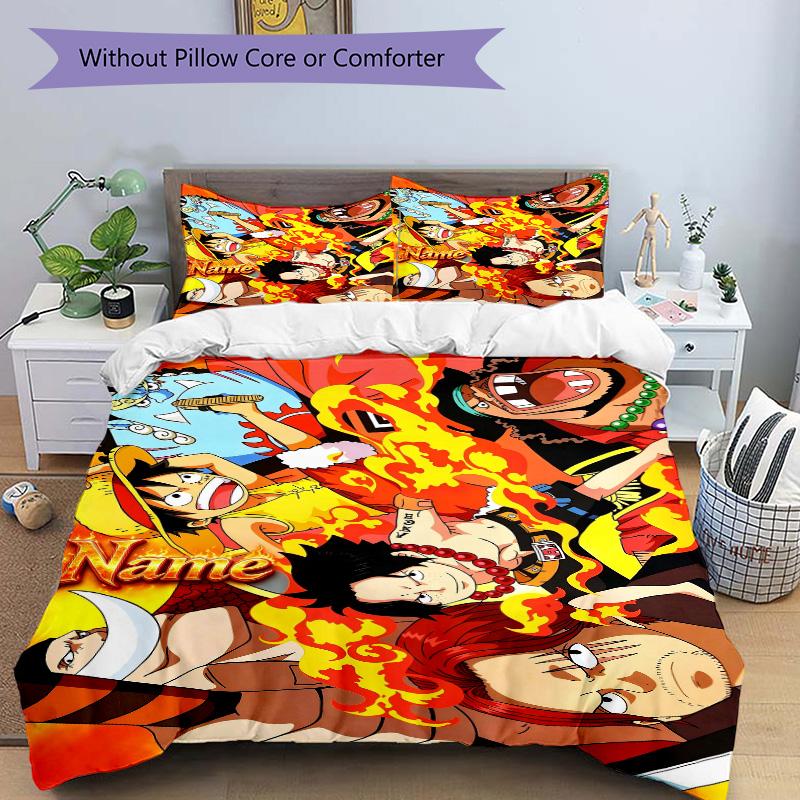 Custom Name One Piece Flame Warriors Print 3Pcs Bedding Set,Duvet Cover with 2 Bedro,Pillowcase Home Birthday Gift