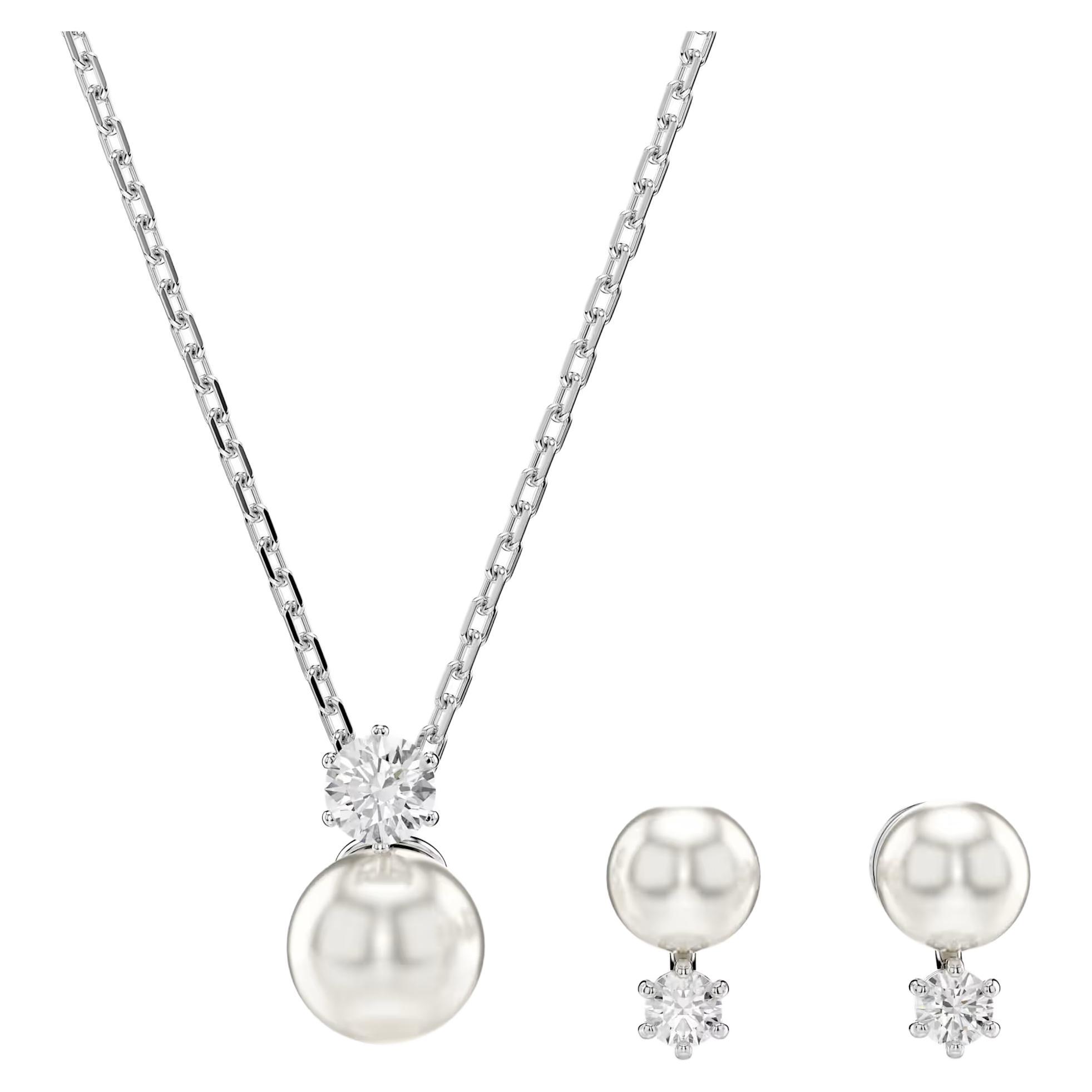 Swarovski Matrix Imitation Pearl Pendant Necklace With Cubic Zirconia Women necklace Silver 5689624 Box (Random Color)