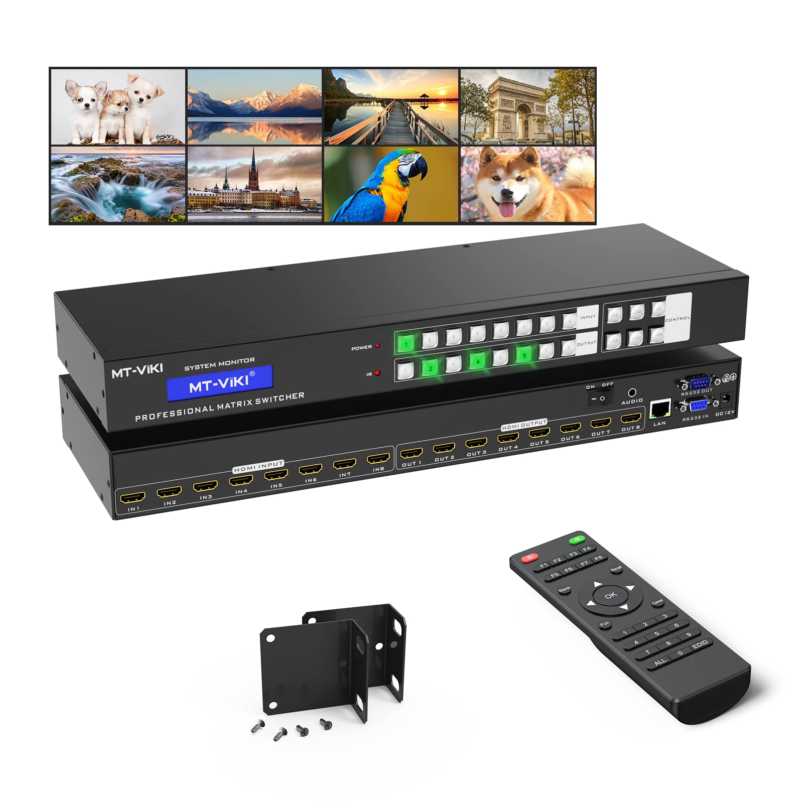 

4K HDMI Matrix Switch Web GUI Supported with IR Stereo Rack Mount Switcher LAN Port MT-VIKI 8X8, Remote, 4K@30Hz, 3.5mm Audio, & Splitter, EDID, чорний