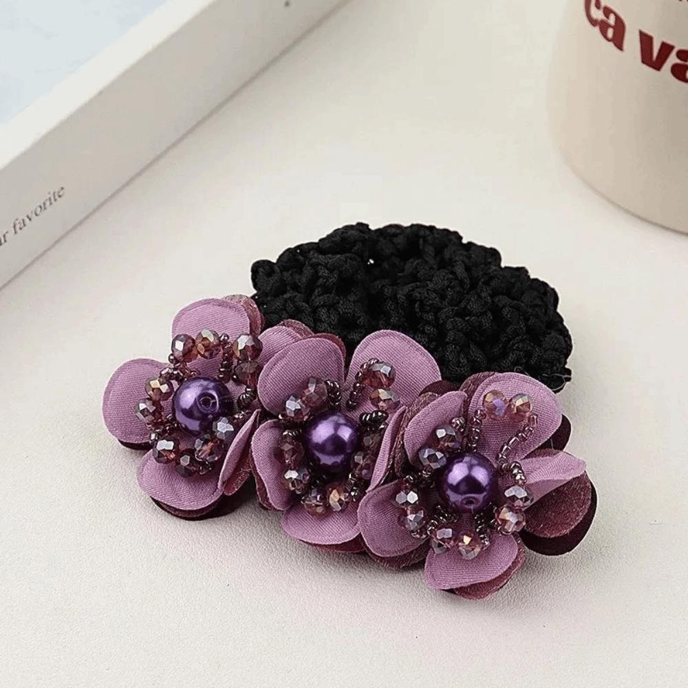 Korean Style Hair Bun Net Pearl Flower Decor Hair Bun Holder  Office Professional Purple Coarse Mesh