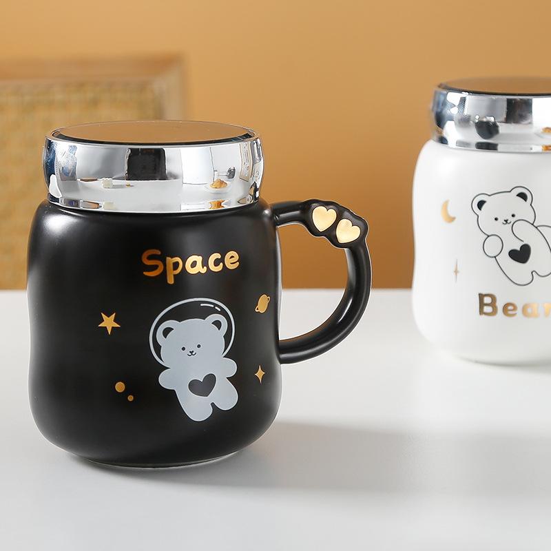 Par Keramisk Kopp med Lokk Speilkopp Søt Bjørn Krus Jente Stor Kapasitet Vannkopp Studentkopp
