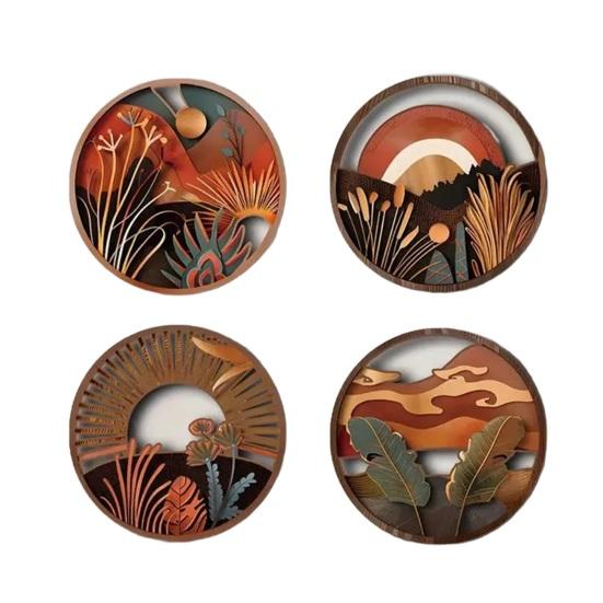 

4 Pcs Wooden Round Boho Wall Art Bohemian Circle Wall Decor Hollow Out B
