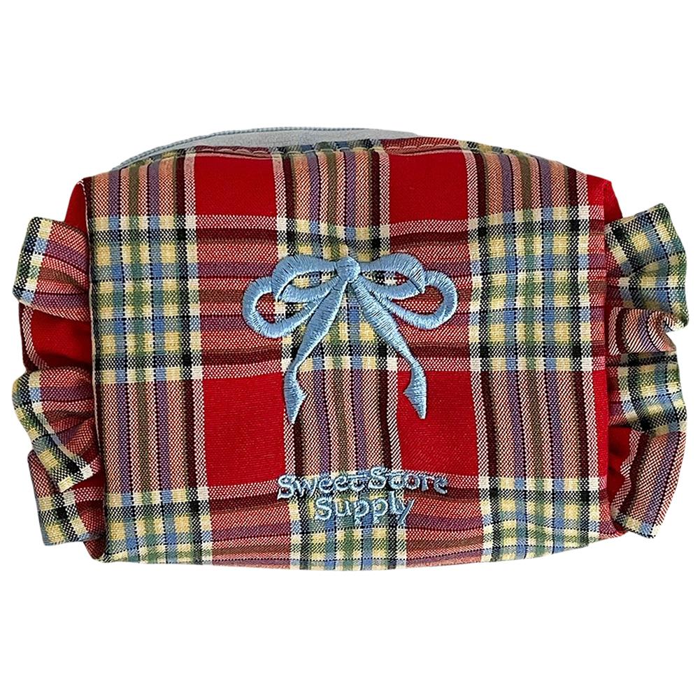 

Plaid Makeup Bag Pleated Toiletry Bag Aesthetic Makeup Storage Bag Large Capacity Embroidered Bow Cosmetic Bag for Women Girls красный