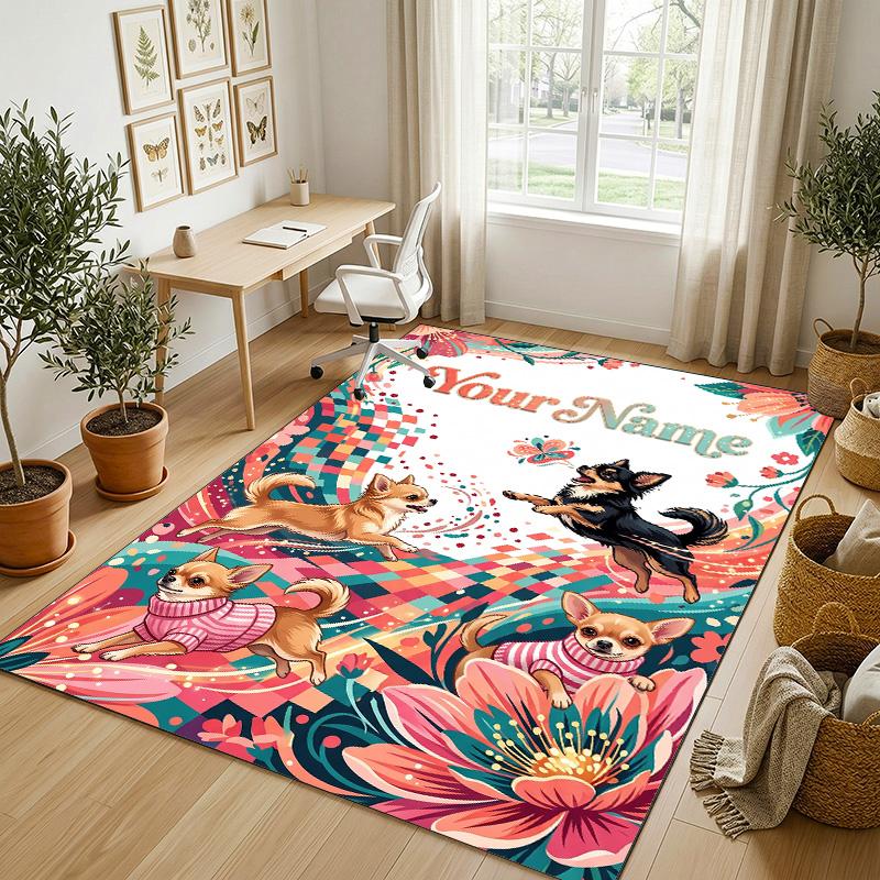 Dog Theme Crystal Velvet Rug Personalized Custom Name Text Soft Floor Mat Home Decor