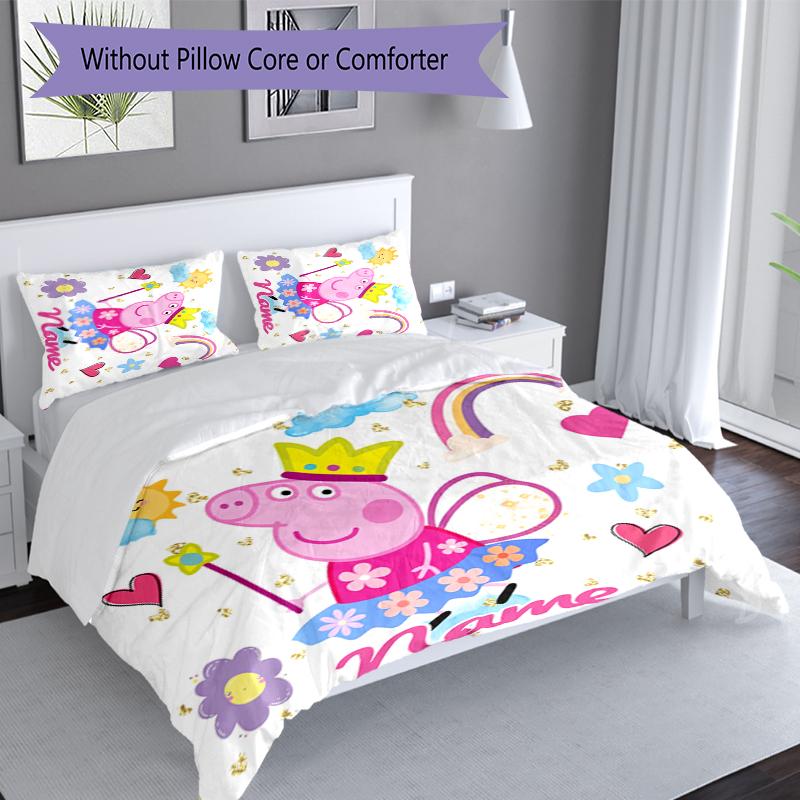 3pcs Custom Name Peppa Pig Bedding Set,Includes 1 Duvet Cover and 2 Pillowcases,All-season Bedroom Decor