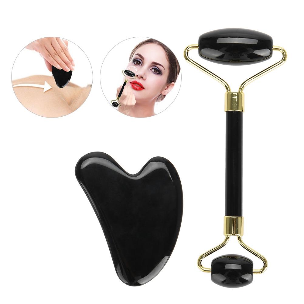 2pcs Set Natural Obsidian Double End Roller Massage & Scraping Board Kit Massage Gift Tool