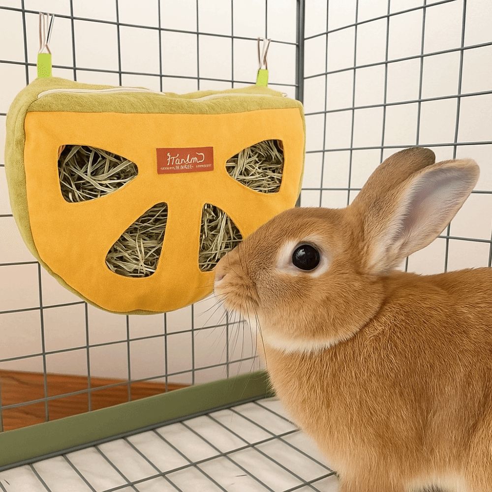 Waschbarer Heusack Futterspender Verschleißfest Kleintierfutterspender 4-Loch Fütterungstasche für Haustierkäfig