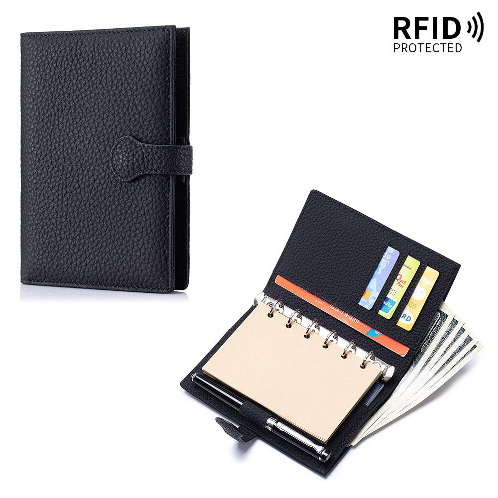 With Loose-leaf Hand Ledger Notebook Passport Holders Genuine Leather Travel Organizer 6-Ring Notebook Cowhide RFID Wallet
