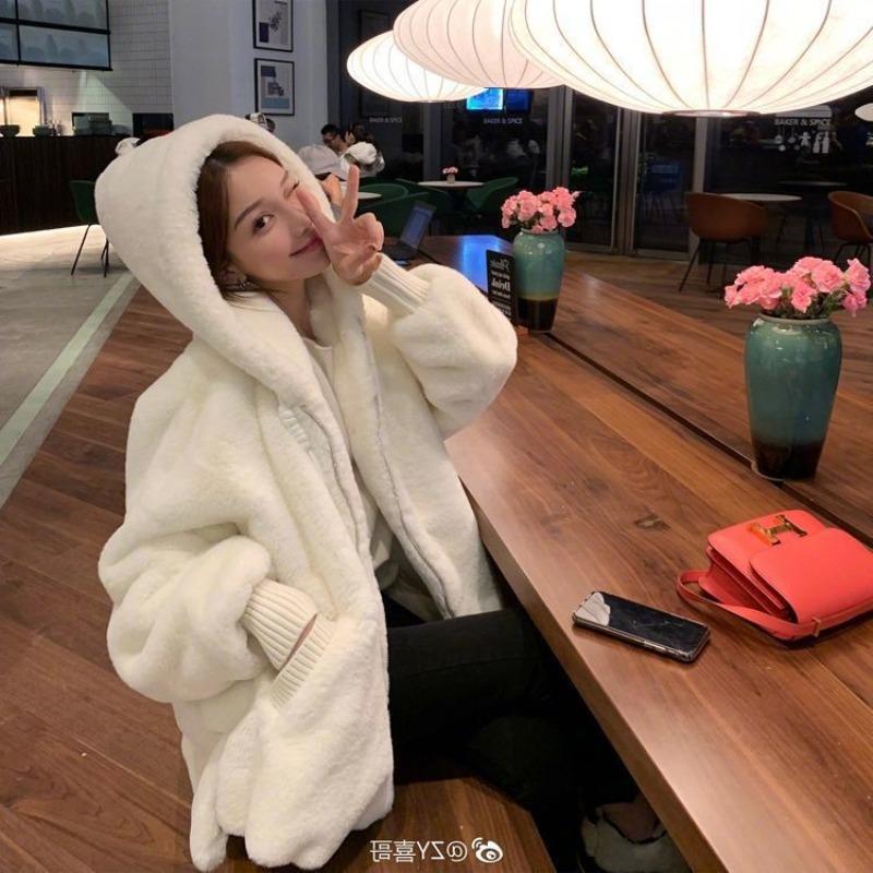 Autumn and Winter Lamb Wool Imitation Fur Plush Coat Women's Light Medium and Long Imitation Rex Rabbit Hair Hooded Loose Coat