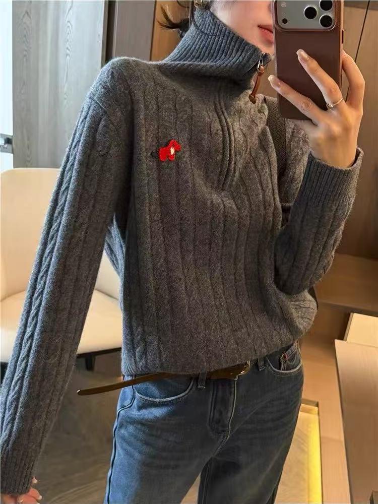 Embroidered Half-Zip Wool Sweater: Versatile New Year Cable Knit Design, Soft & Cozy, Stylish for Women