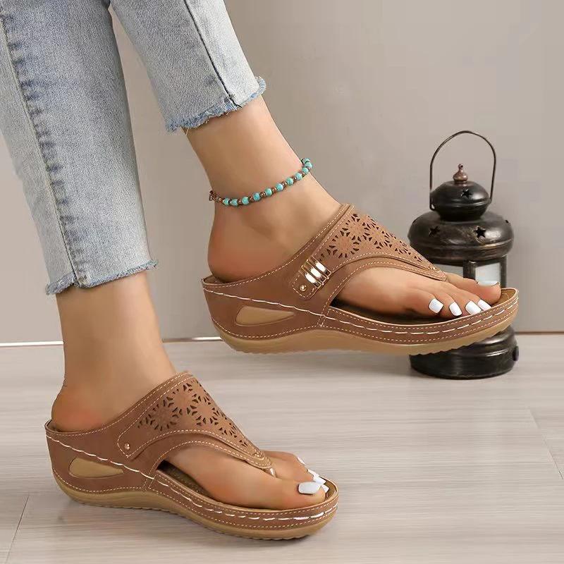 Fashion Summer Women's Wedge Sandals 2025 Clip Toe Orthopedic Arch Support Sandals Woman Pu Leather Non-Slip Soft Platform Flip Flops
