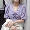 Women's V-neck Beaded Embossed Chiffon Shirt Summer Fashion Versatile Loose and Slim Bubble Short Sleeve Tops