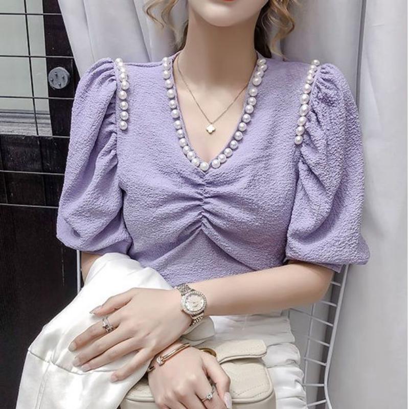 Women's V-neck Beaded Embossed Chiffon Shirt Summer Fashion Versatile Loose and Slim Bubble Short Sleeve Tops