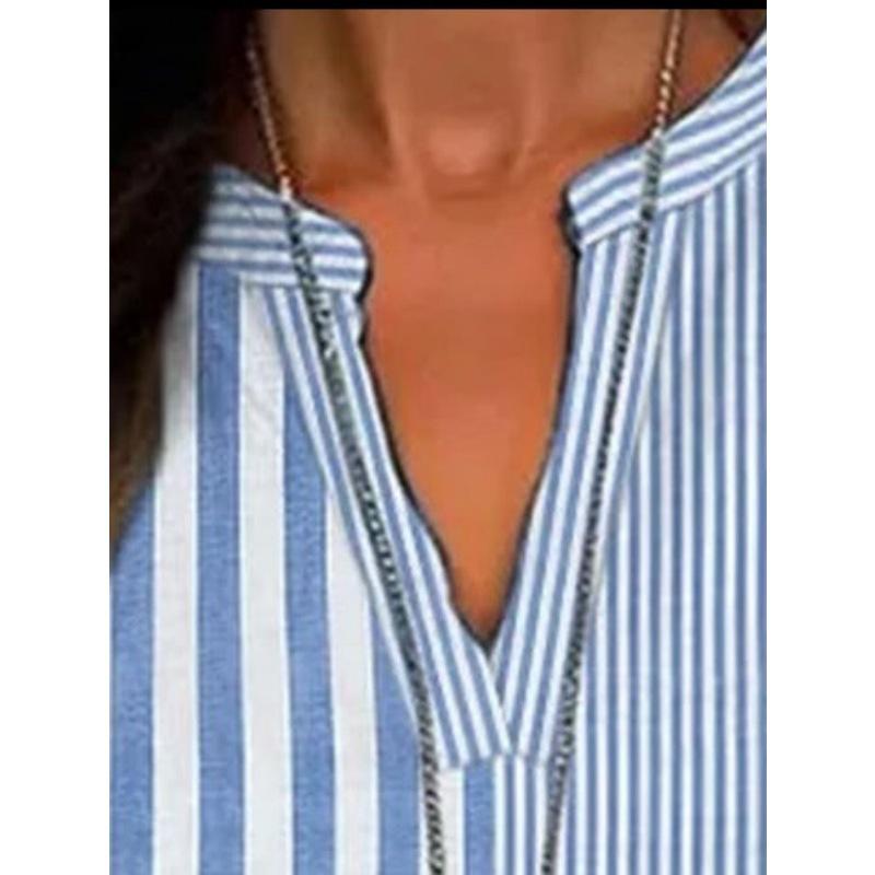 Women's Summer Striped V-Neck Long Sleeve Casual Loose Pullover Shirt