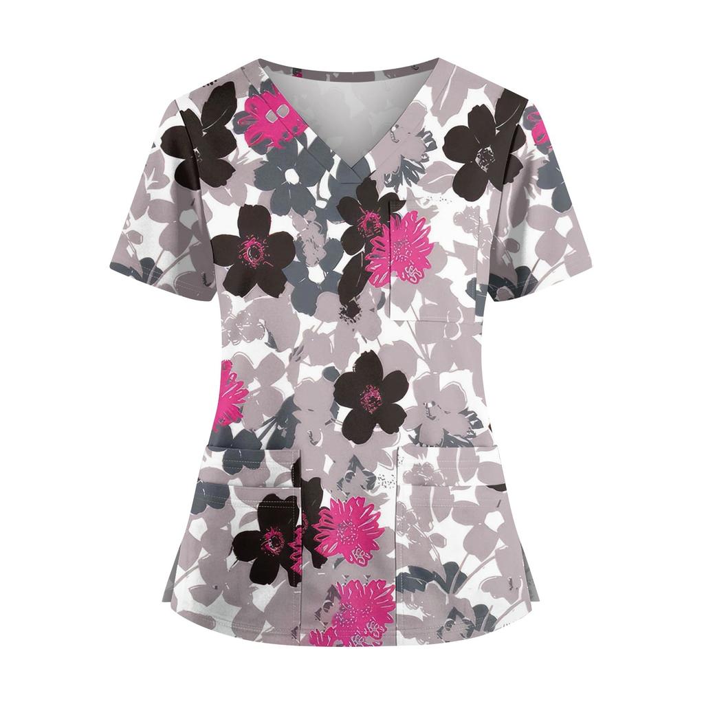 Plus SizePrinted Scrub Working Uniform Tops For Women's Cross V-Neck Halloween Print Short Sleeve Fun T-Shirts Workwear Tee With Pockets