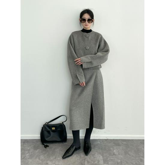 Southern Fish Women's Wool Short Coat & Slit Midi Skirt Set - Dyed & Degreased, Round Neck 