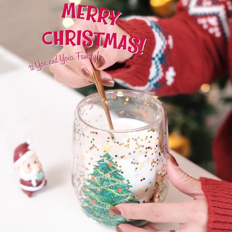 Glass Cup Christmas Double Wall Glass Cup Coffee Milk Mug Transparent Water Bottle Heat-resistant Anti Scald Double-layer Cup