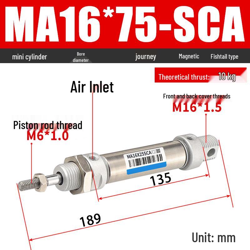 Mini Stainless Steel Pneumatic Cylinder MA Series (16-40mm Bore, 50-200mm Stroke)