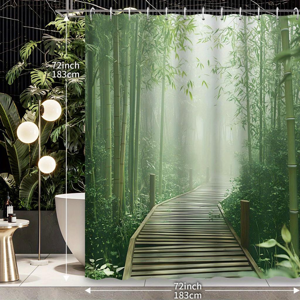 1pc Natural Pastoral Scenery Green Bamboo Forest Bamboo Leaf Path Shower Curtain Partition Curtain, Decorative Printed