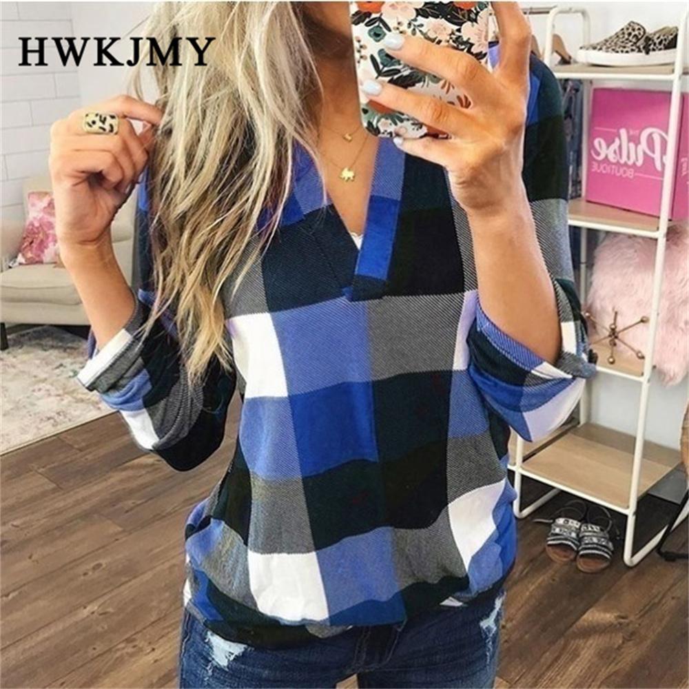 Women Plaid Printed Shirts Long Sleeve V-Neck Ladies Tops Turn Down Collar All-Match Fashion Tunic Shirts Clothes 5XL