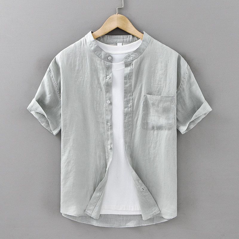 New Chinese Style National Style Linen Short sleeve Shirts Men's Clothing Retro Stand Collar Cotton Linen Fabric Loose Casual Shirt Thin