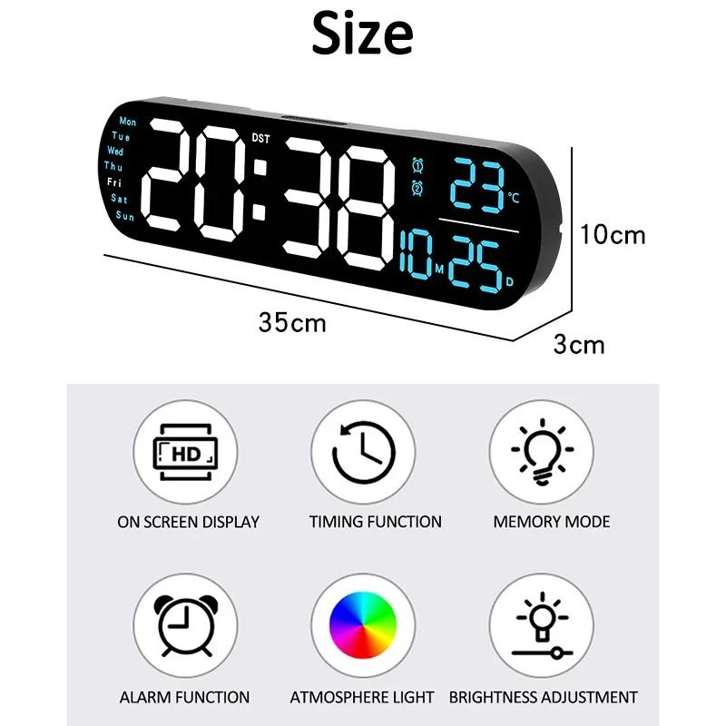 LED Digital Wall Clock With Remote Control Ambient Lights Time Date Temperature Display Alarm Clocks For Home Living Room Decor