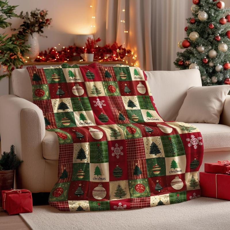 Christmas Flannel Blanket Throw Red Green Checkered Tree Blankets for Couch Sofa Bed Lounging Gifts for Kids Adults Wife Self