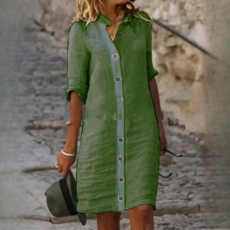 

Женские платья QICED весна-лето с воротником-стойкой и рукавами средней длины из хлопка и льна XXL зелёный