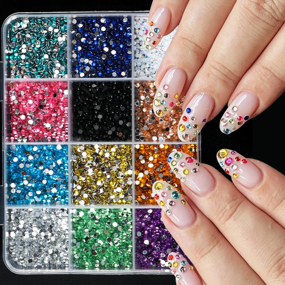 Xiaomi 12 Grids Colorful Flatback Nail Art Rhinestones Mixed Color Sparkly Flatback Resin Rhinestone Nail Charms Wedding Decorations