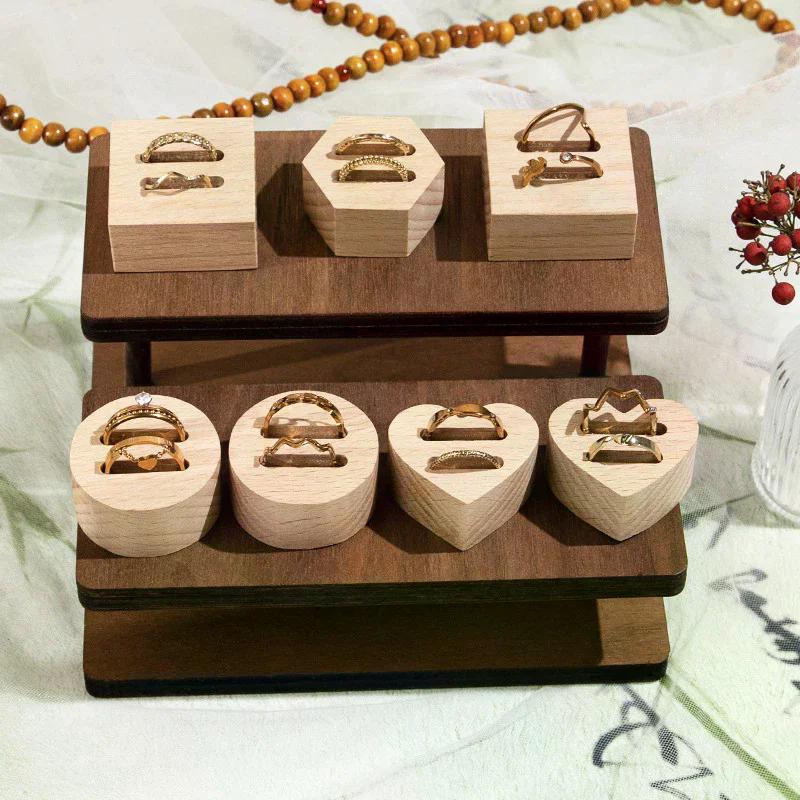 Wood Round/Square/Heart Single/Double Slot Ring Display Rack Organizer Holder Jewelry Display Stand Ring Counter Windows Display