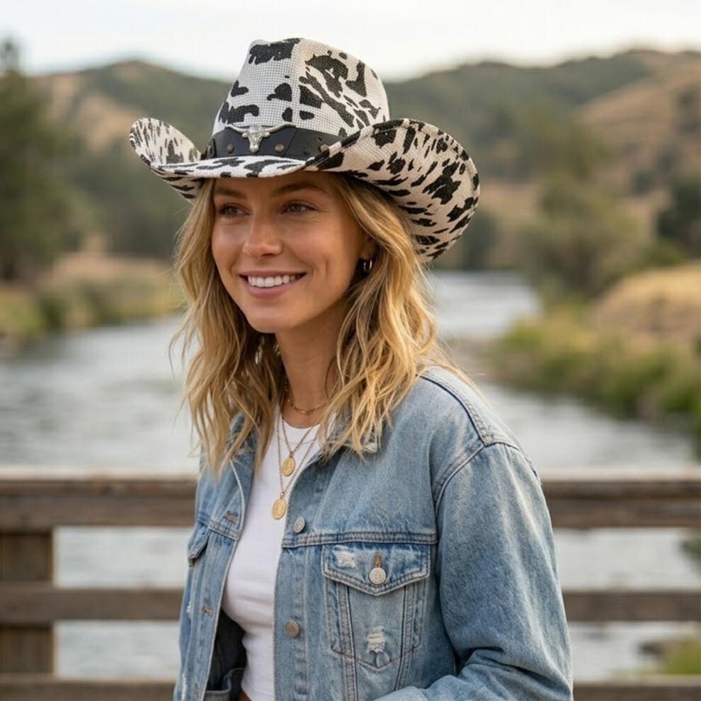 (M, White) Straw Sun Hat Retro Tie-Dye Cow Spots Print Wide Brim Western Cowgirl Hat