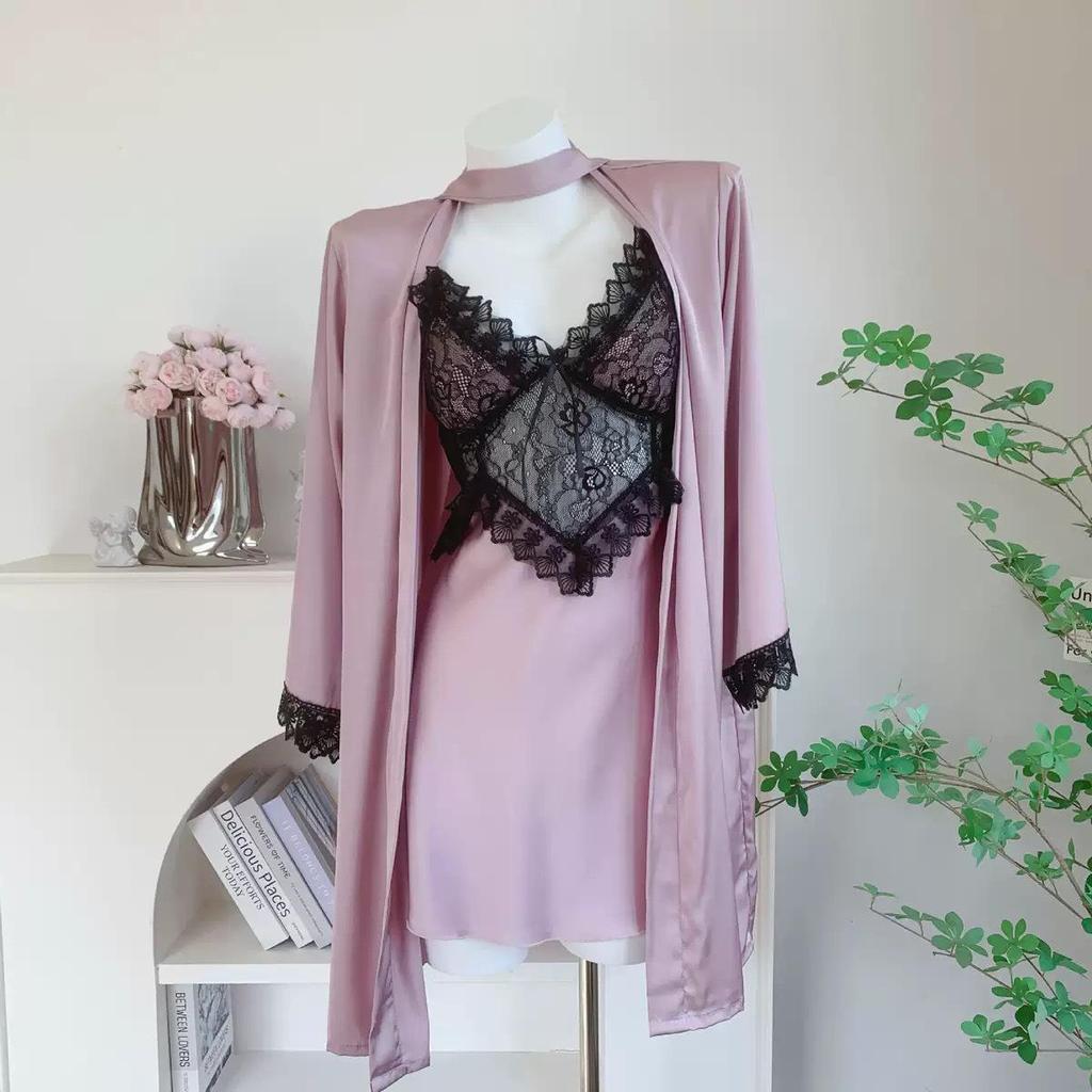 2026 Spring/Summer Ice Silk Lace Nightgown Set for Women with Chest Pads - Sexy and Luxurious Two-Piece Homewear Pajamas