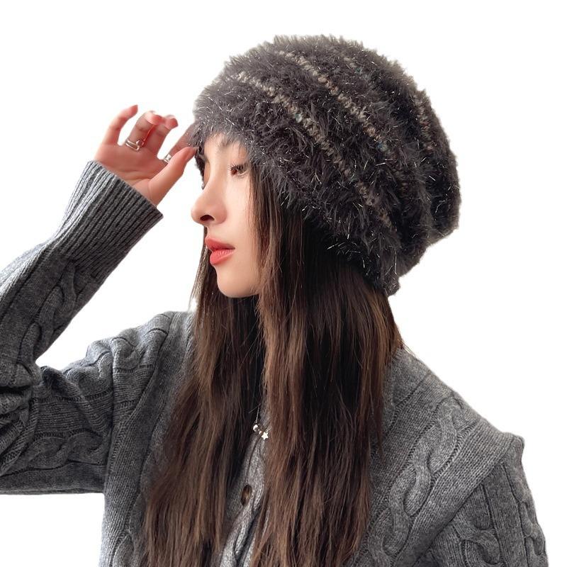 Korean Version of Women's Autumn and Winter New Knitted Wool Hat Fashionable and Versatile Bright Plush Hat Winter Warm Pullover Hat