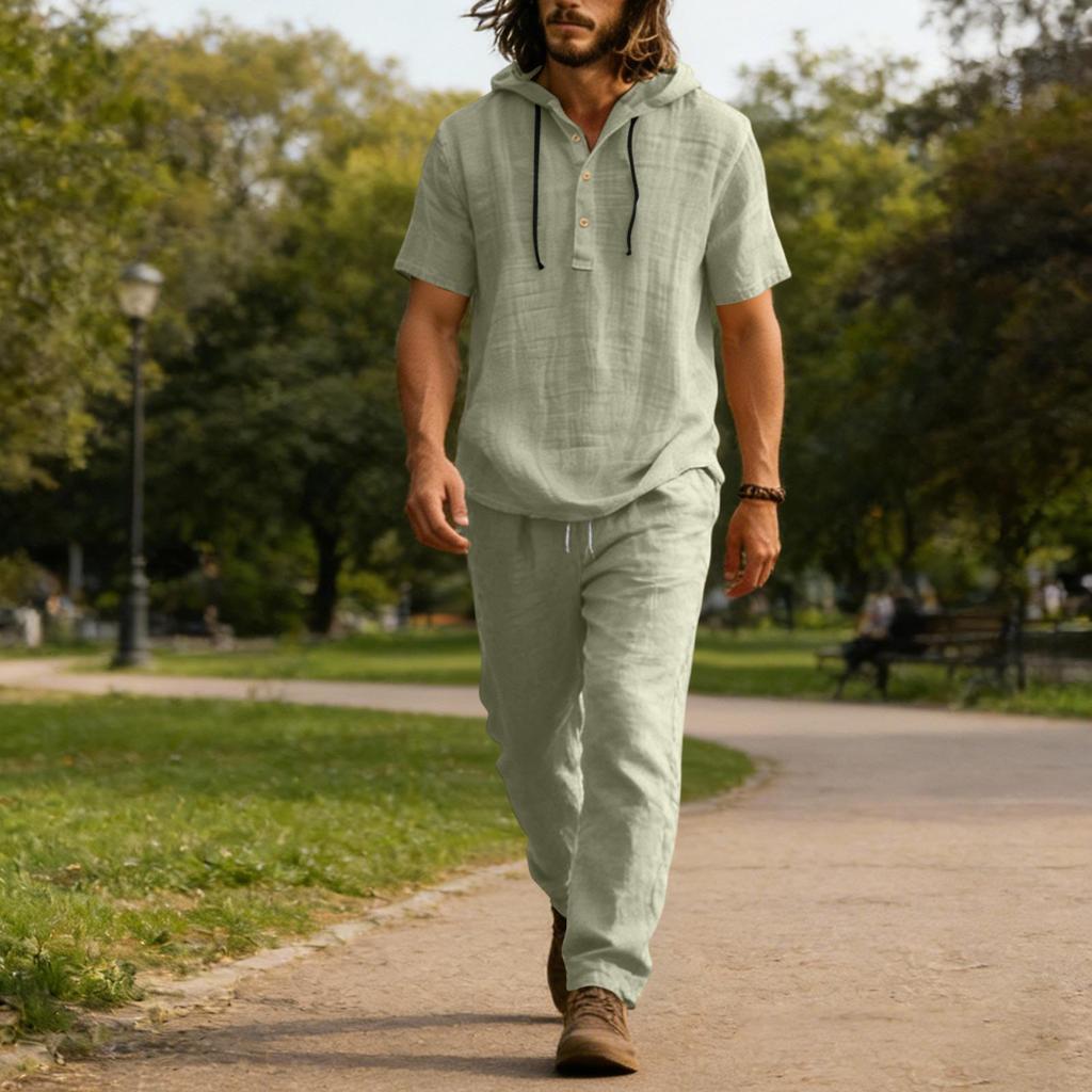 Men's Linen Casual Set - Button  Shirt Elastic Waist Drawstring Loose-Fit Pants Comfortable Two-Piece Set