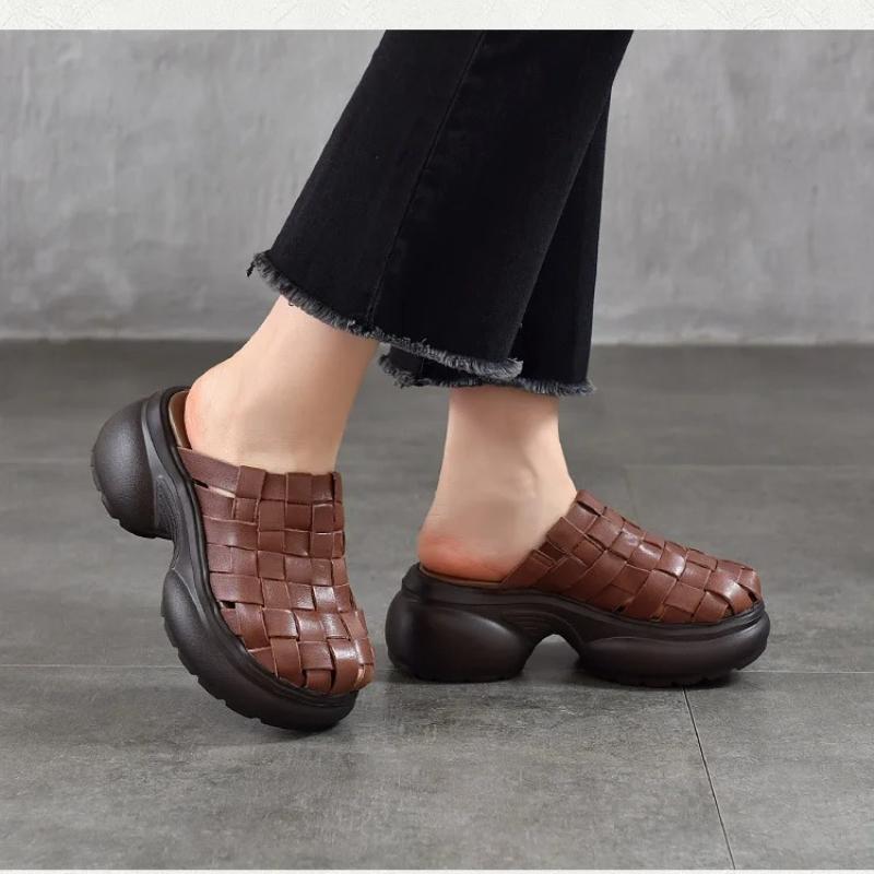 Johnature Echte Leder Gewebte Runde Zehen Hausschuhe Dicke Sohle Höhe Erhöhend Outdoor Damen Slides