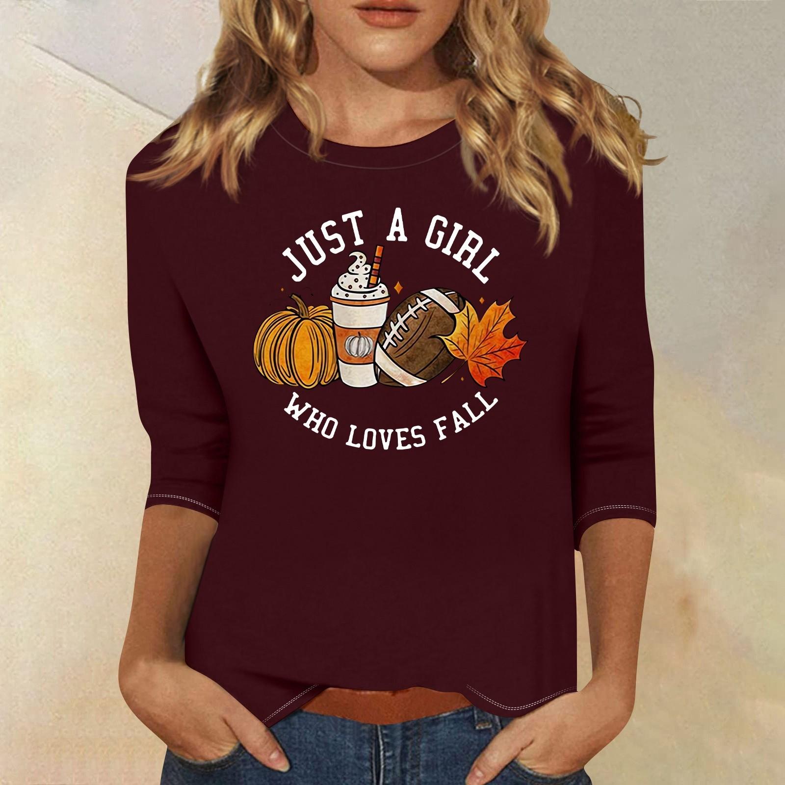 

Топи з рукавами 3/4 для жінок Футболка Повсякденні топи з принтом Футболка з круглим вирізом Пуловер Блуза XL винний