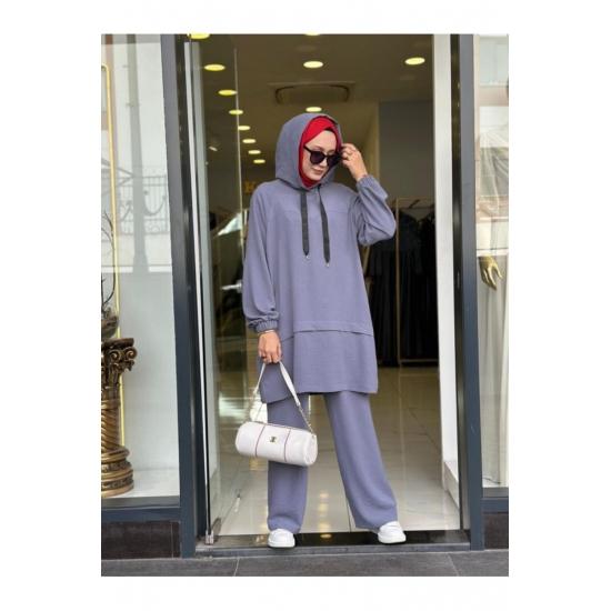Women's Hooded Zippered Sleeves Elastic Wide Leg Pants Suit