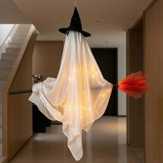 Spooky Outdoor Porch Decor Hanging Ghost with Broom Halloween Decoration, Flying Witch Ornament for Decorations Haunted House Tree Indoor Party