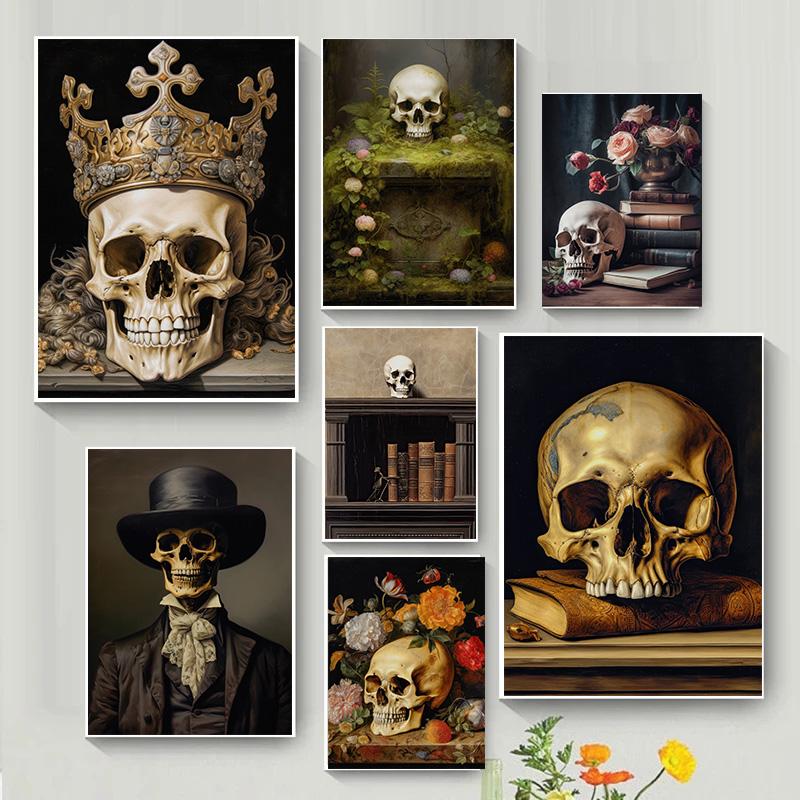 Dark Academia Art Skull Gothic Vanitas Flower  Poster Prints Canvas Painting Wall Art Picture for Living Room Home Decor