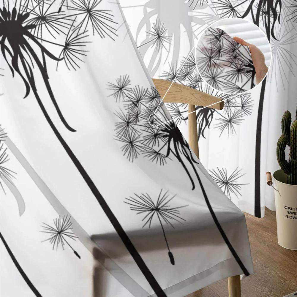Black And White Dandelion Plant Sheer Curtains for Living Room Decoration Window Curtain Kitchen Tulle Voile Organza Drapes