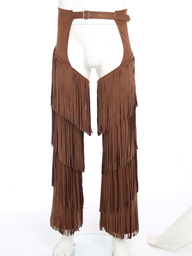 Western Cowboy Motorcycle Pants for Adults Men S-3XL - Open Crotch Buttless Style with Layered Fringe & Adjustable Buckles for Raves Holidays